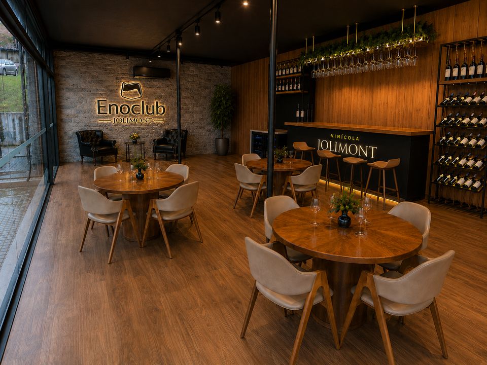 Salão do Enoclub Jolimont, com mesas, adega e balcão da Vinícola Jolimont